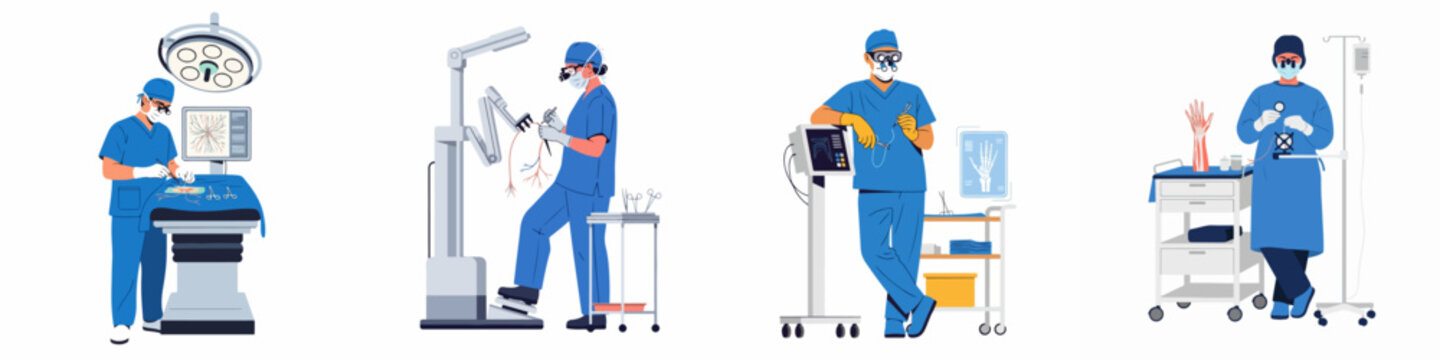 A collection of vector illustrations showing surgeons performing high-tech microsurgery and robotic-assisted operations in a contemporary medical environment.