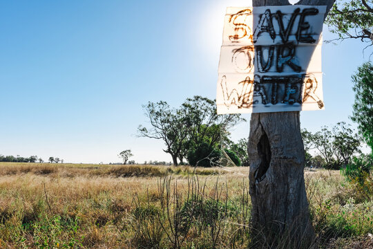 Handmade protest sign SAVE OUR WATER on tree