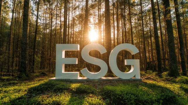 Bold ESG typography in a healthy woodland, representing sustainability strategy, green finance, and accountable leadership.