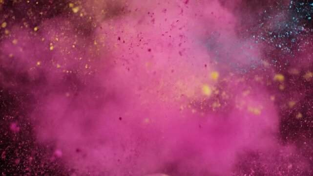 Explosion of Pink, Yellow, Blue Powder Cloud on Black Background