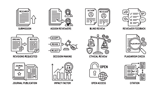 Academic publishing icons in line style with gray color on white background for educational materials