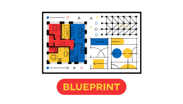 Very beautiful realistic vector illustration of a BLUEPRINT featuring architectural drawings, technical plans, and engineering design elements, isolated on white background, with a colorful label read