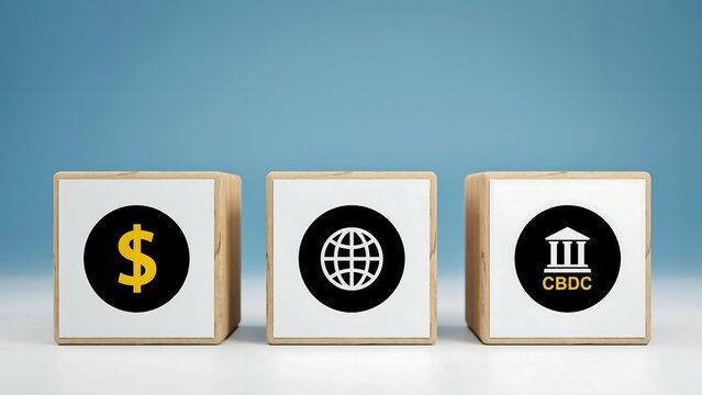 3D render of wooden cubes with dollar, globe, and CBDC symbols representing central bank digital currency