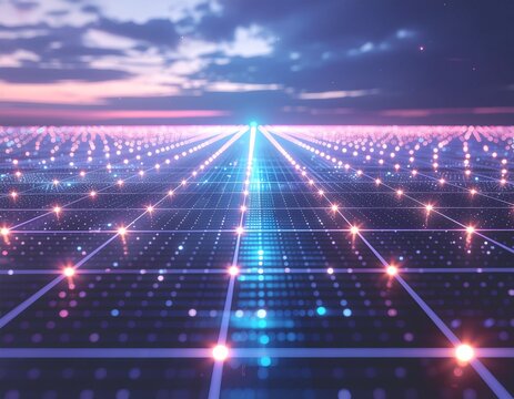Futuristic grid with glowing lights at dusk.