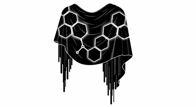 Abstract black poncho with glowing honeycomb pattern and dripping fringe
