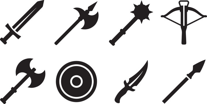 Conceptual graphic set medieval and fantasy weapon silhouettes. Iconic combat tools including swords, axes, maces, shields, and crossbows, perfect for game assets and design projects white background.