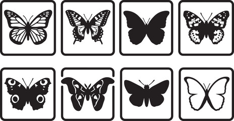 Obraz premium Black and white butterfly icons set with various wing patterns and silhouettes in square frames.