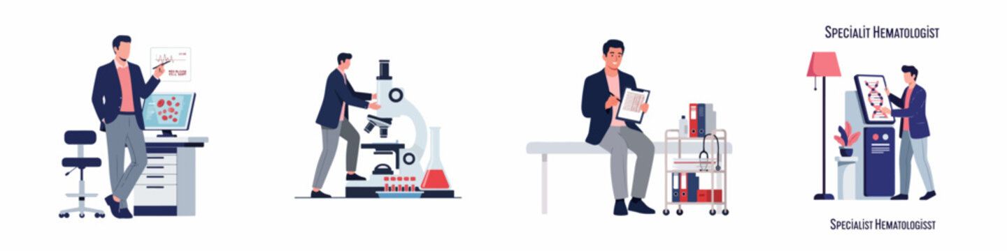 Specialist Hematologist Medical Laboratory Vector Illustration Set Featuring Blood Analysis, Research, Diagnosis, and Genetics in a Flat Professional Style
