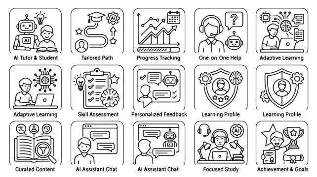 E-learning icons for online education in line art style with black and white color scheme in flat design for digital learning platforms