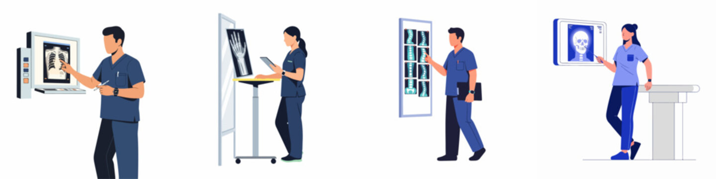 Medical professionals and radiologists examining various diagnostic X-ray scans and medical images in a clean flat illustration style set.