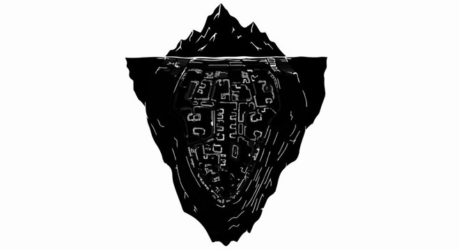 Dark iceberg with hidden symbols submerged in water, representing mystery and the unknown.