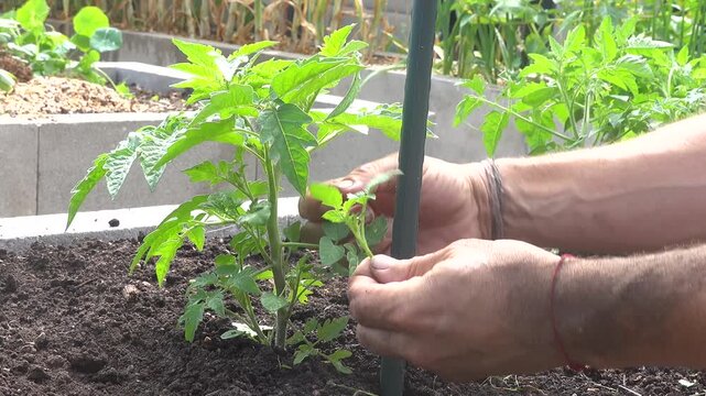 Close up of a gardener hands pruning a young tomato plant, removing suckers and lower branches in a family garden