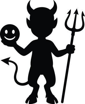Black silhouette of a cartoon devil character with horns and a pointed tail holding a smiley face ball and a three pronged pitchfork isolated on a white background