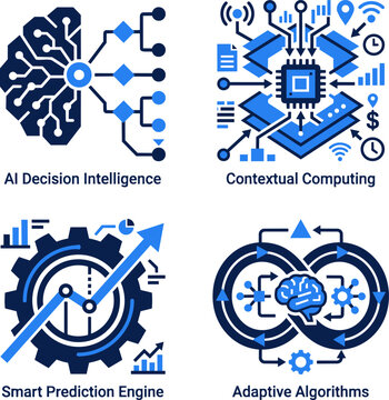 Set of modern technology icons representing ai decision intelligence, contextual computing, smart prediction engine, and adaptive algorithms
