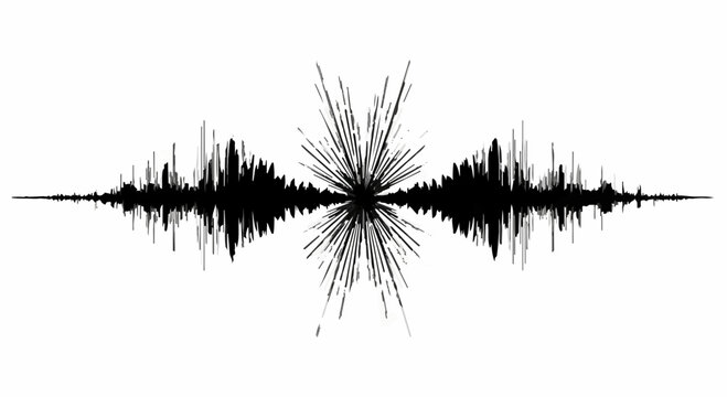 Symmetrical sound wave visualization in black and white, representing audio or music