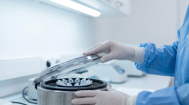 Laboratory Centrifuge Machine with Microcentrifuge Tubes in Science Lab