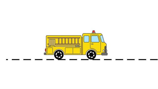 Yellow fire truck driving with flashing red siren flat vector animation loop