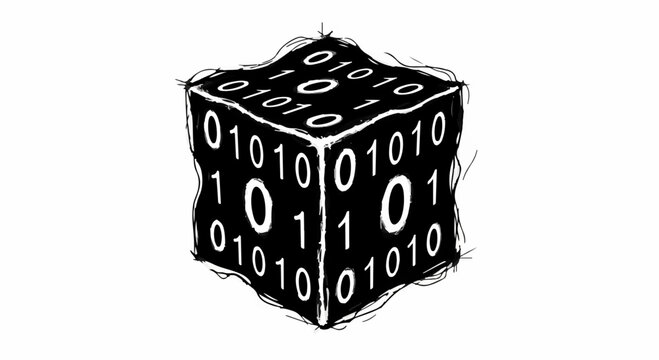Abstract concept of digital data and chance represented by a distorted cube covered in binary code.