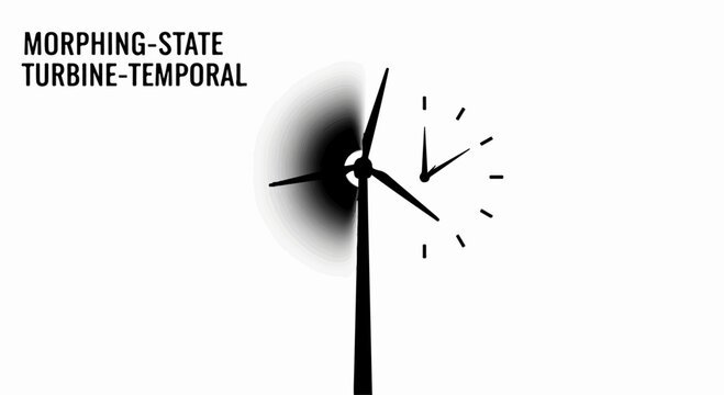 Wind turbine morphs into a clock face, symbolizing renewable energy and time.