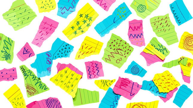 Colorful paper notes with handwritten text scattered on a vibrant background