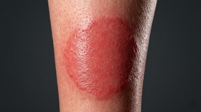 Large circular red rash on human leg indicating skin infection or allergy