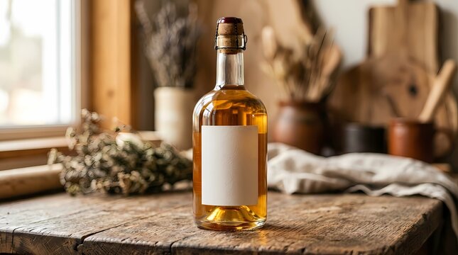 Vintage Glass Bottle with Golden Amber Liquid on a Rustic Wooden Table in a Country Kitchen Setting