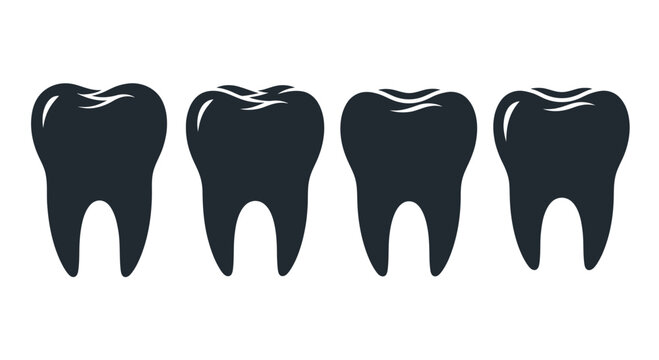 Four Dark Blue Molar Teeth Icons, Dental Health Concept, Isolated on White Background