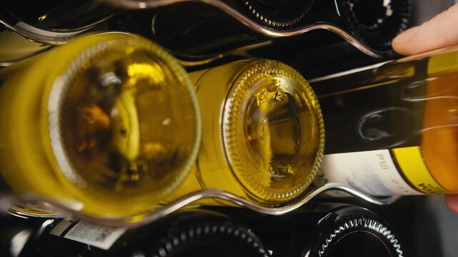 Storing bottles of wine in fridge, white and red wines in cooler. Alcoholic card in restaurant or at home storage, shop supermarket. Cooling and preserving wine and cava champagne..