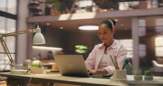 360 Degree. Mixed Race Female Entrepreneur Types on Laptop in Office, Optimizing Ecommerce Workflow and Payment Software, Analyzing Digital Sales Data With Focused Productivity. Arc Tracking Shot.
