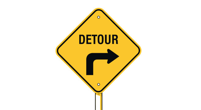 Yellow diamond detour sign with black arrow indicating right turn on white background