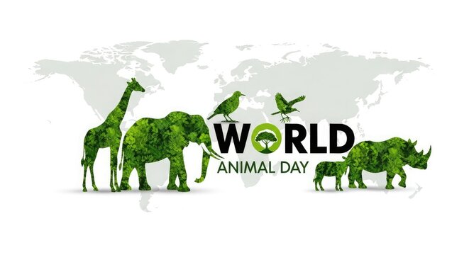 World animal day illustration with green animal silhouettes on a light gray world map background