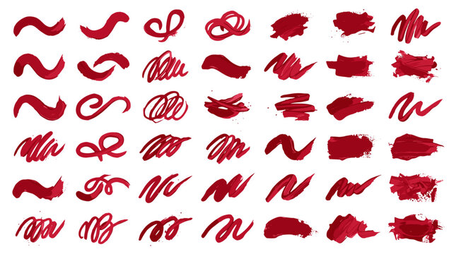 Collection of various red brush strokes and scribbles on for artistic design