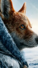 Fototapeta premium Detailed portrait of a fox in a winter landscape. The image highlights the animal's features and the surrounding snowy environment, which can be used in wildlife documentaries, educational content,