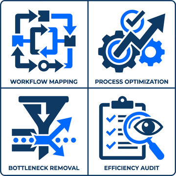 Set of business process management icons including workflow mapping, process optimization, bottleneck removal, and efficiency audit, vector illustration