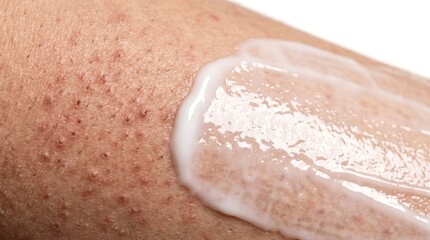 Fototapeta premium Applying cosmetic cream on skin with keratosis pilaris or strawberry legs