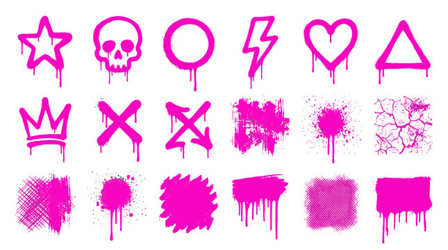 Collection of pink graffiti spray paint symbols and abstract designs