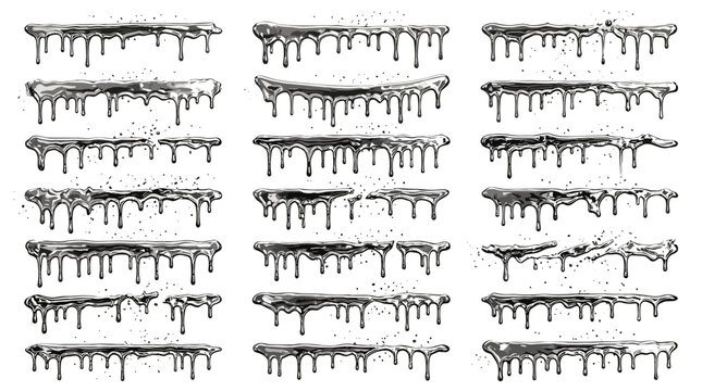 Collection of icicles hanging from roof edges with melting water droplets on a winter day