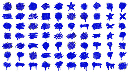 Fototapeta premium Collection of blue ink brush strokes and splatters on for artistic design