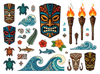 Polynesian Tiki Mask and Tropical Island Vector Set © einikasu