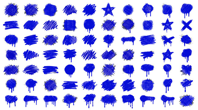 Collection of blue ink brush strokes and splatters on for artistic design