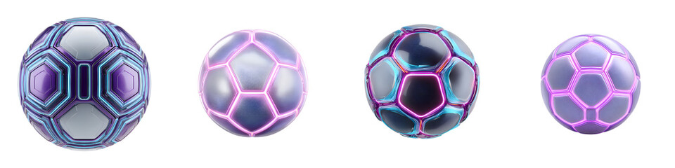 Naklejka premium Futuristic Soccer Balls Collection, Neon Glow, Sport and Technology Concept