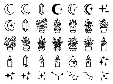 Mystic Celestial and Botanical Icon Set: Minimalist Moon, Crystal, and Plant Line Art