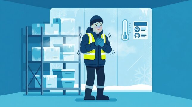 A worker in a cold storage room shivers due to low temperatures while surrounded by boxes and a temperature gauge indicating freezing.