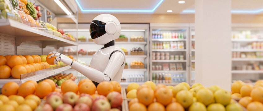 Futuristic white robot with a sleek helmet and articulated arm picks an orange from a shelf full of fresh fruits in a brightly lit, modern supermarket with refrigerators in the background