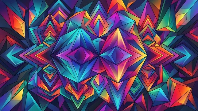Vibrant abstract geometric pattern with colorful crystalline shapes and neon gradient facets for a modern artistic digital background