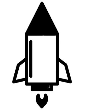 Black and white rocket ship icon.