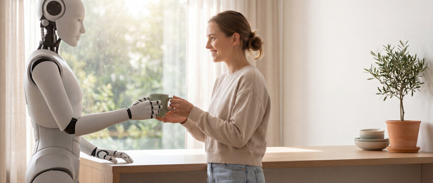 Smiling woman receiving a mug from a humanoid robot in a bright, modern kitchen with natural light streaming through a window, symbolizing futuristic domestic assistance and human-robot interaction