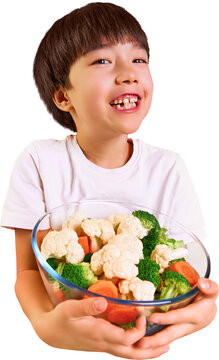 Smiling boy holding bowl of fresh vegetables on transparent background. Concept of healthy eating campaigns, produce advertising, family nutrition, school cafeterias and meal planning apps.