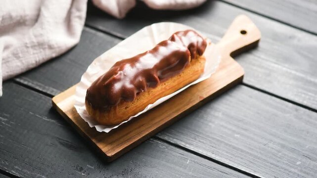 Chocolate eclair served on a wooden board