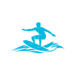 Obraz premium Blue Silhouette Surfer Riding Wave, Dynamic Water Sport Action, Summer Beach Recreation